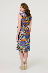 Abstract Frill Cap Sleeve Wrap Midi Dress