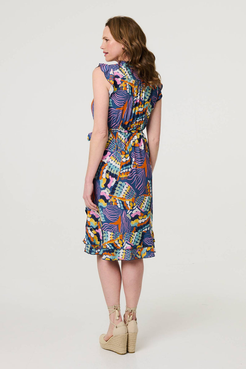 Abstract Frill Cap Sleeve Wrap Midi Dress