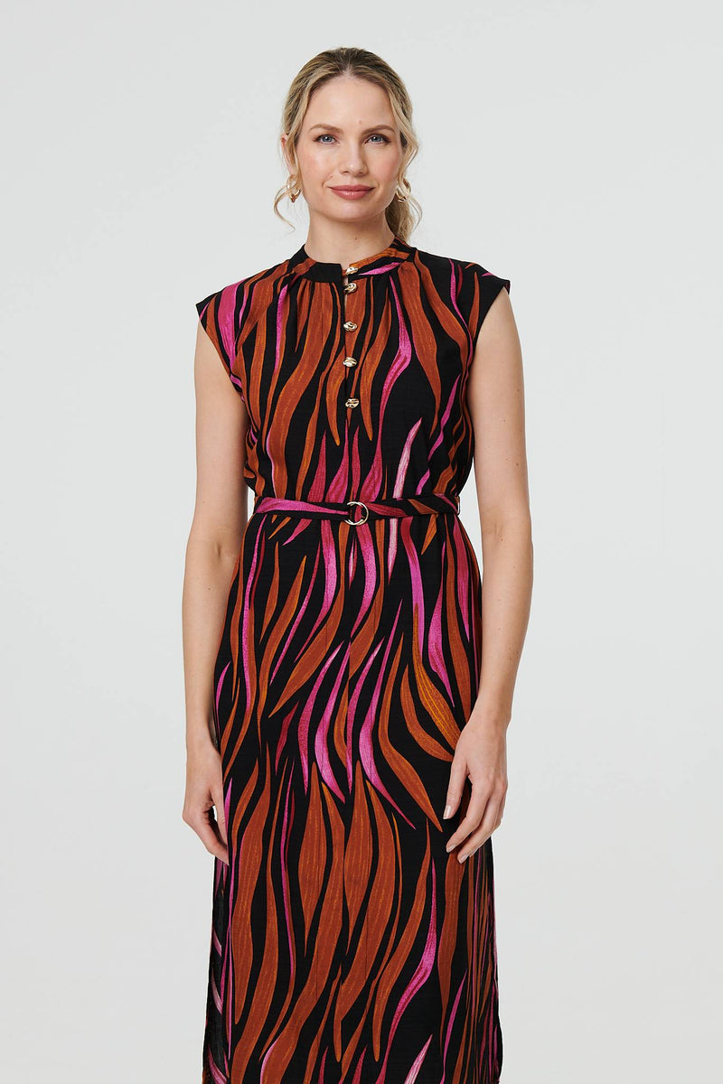 Striped Cap Sleeve Belted Midi Dress