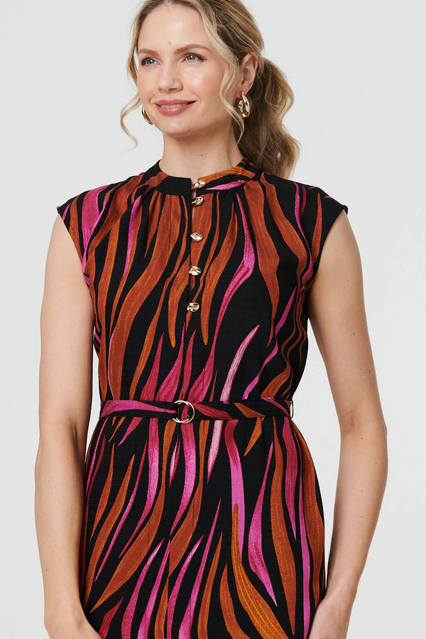 Striped Cap Sleeve Belted Midi Dress