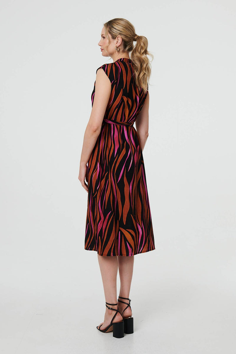 Striped Cap Sleeve Belted Midi Dress