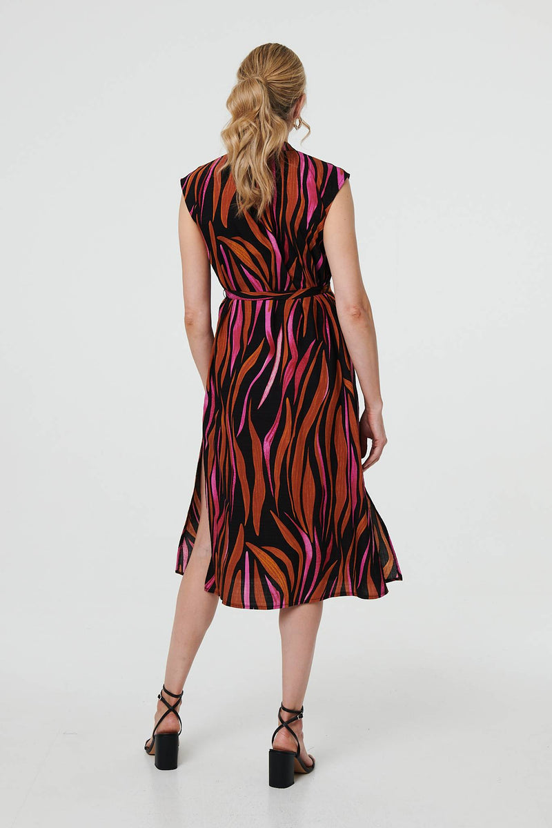 Striped Cap Sleeve Belted Midi Dress