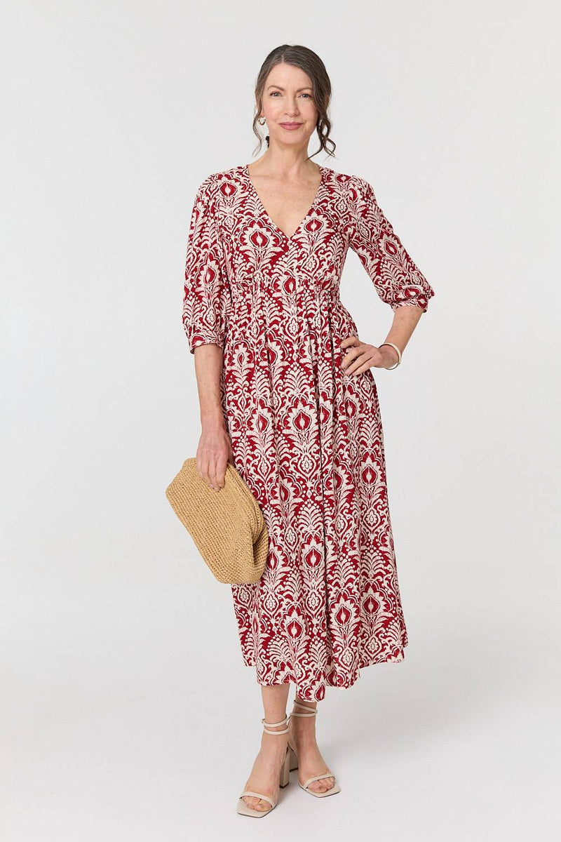 Printed Ruched 3/4 Sleeve Midi Dress