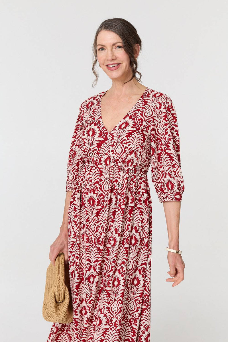 Printed Ruched 3/4 Sleeve Midi Dress