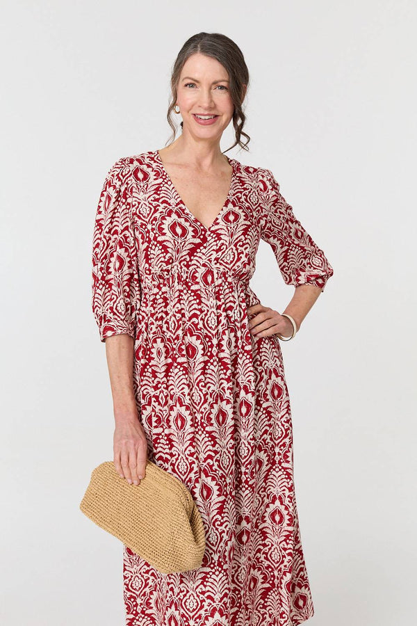 Printed Ruched 3/4 Sleeve Midi Dress