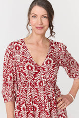 Printed Ruched 3/4 Sleeve Midi Dress