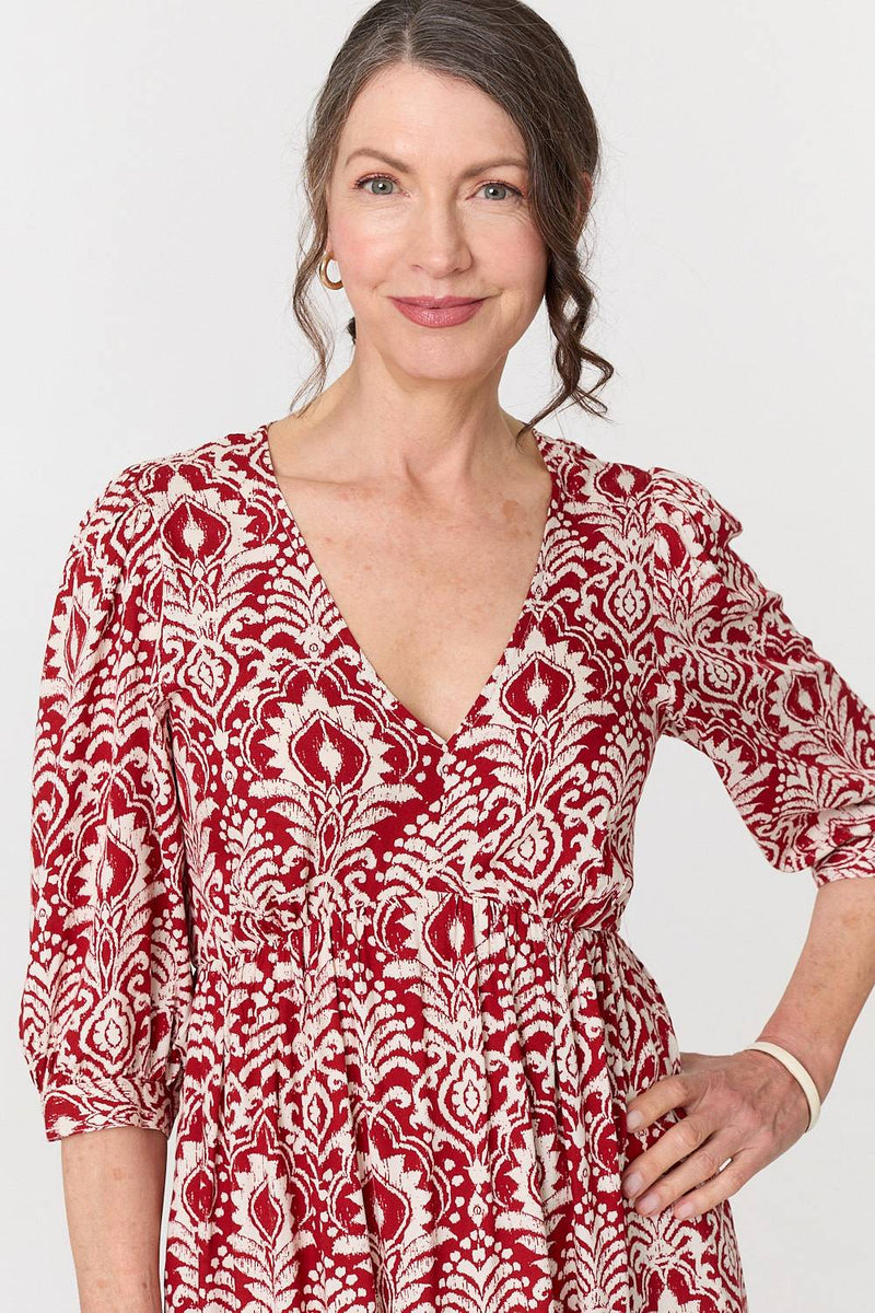 Printed Ruched 3/4 Sleeve Midi Dress