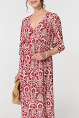 Printed Ruched 3/4 Sleeve Midi Dress