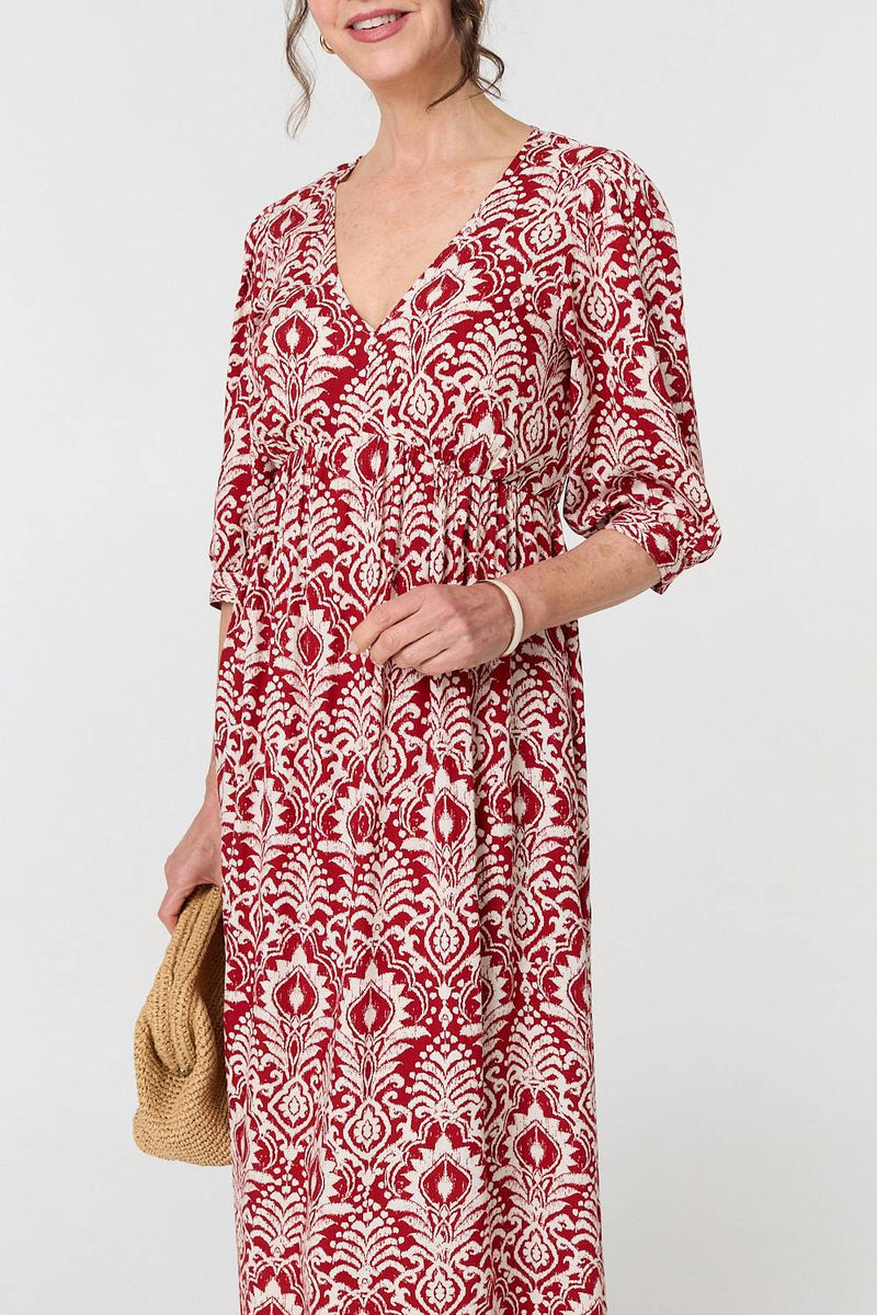 Printed Ruched 3/4 Sleeve Midi Dress