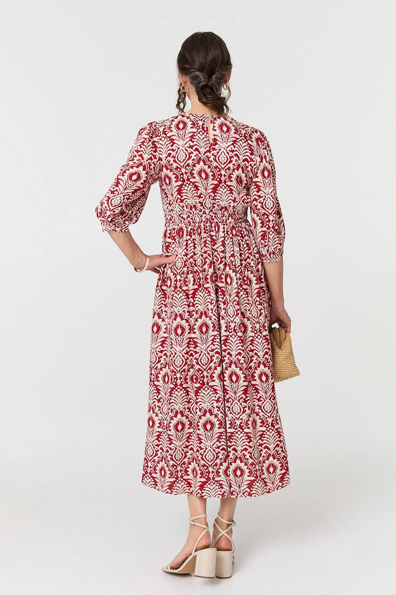 Printed Ruched 3/4 Sleeve Midi Dress