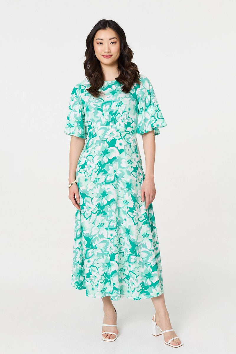 Floral Flared Sleeve A-Line Midi Dress