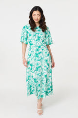 Floral Flared Sleeve A-Line Midi Dress