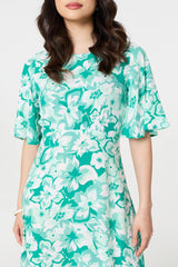 Floral Flared Sleeve A-Line Midi Dress