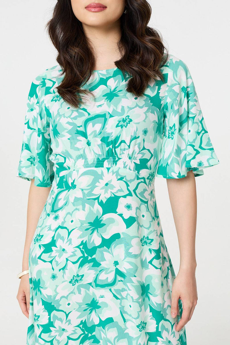 Floral Flared Sleeve A-Line Midi Dress