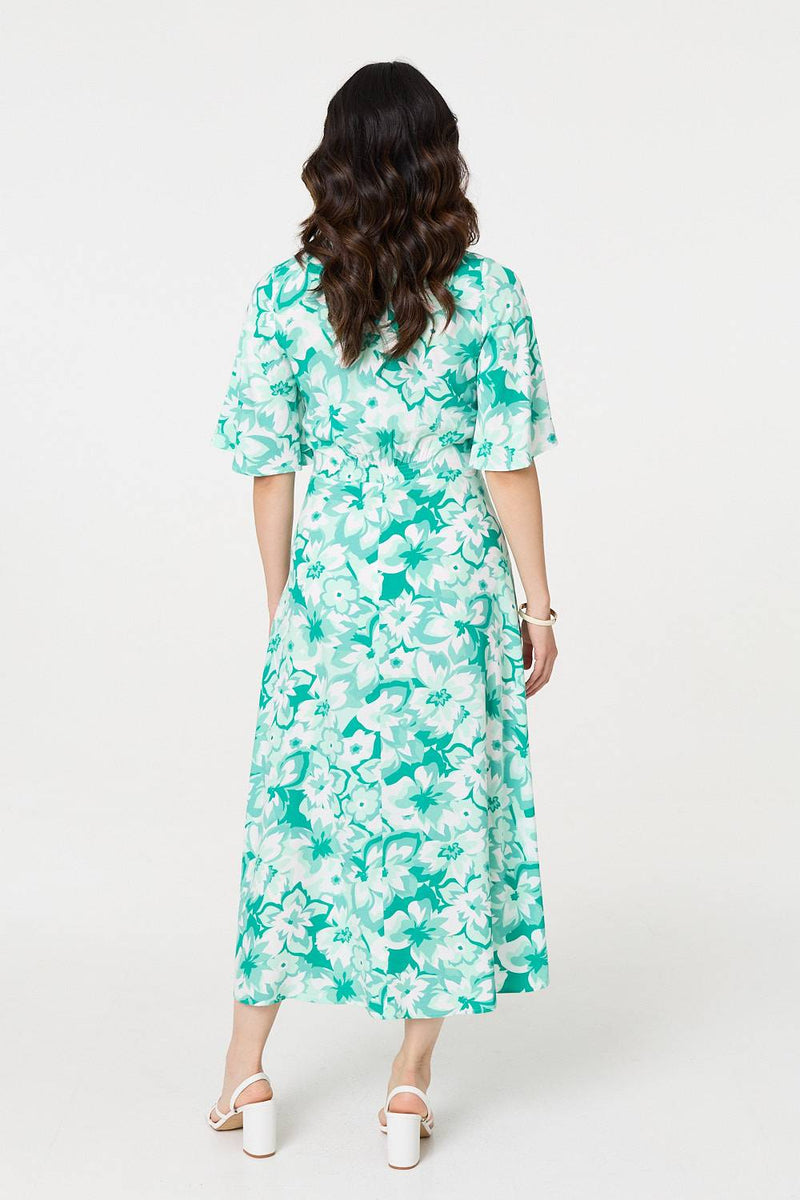 Floral Flared Sleeve A-Line Midi Dress