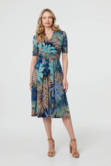 Leaf Print Wrap Front Pleat Midi Dress
