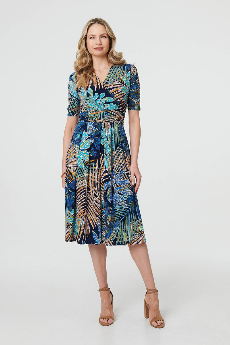 Leaf Print Wrap Front Pleat Midi Dress