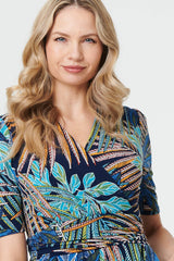 Leaf Print Wrap Front Pleat Midi Dress