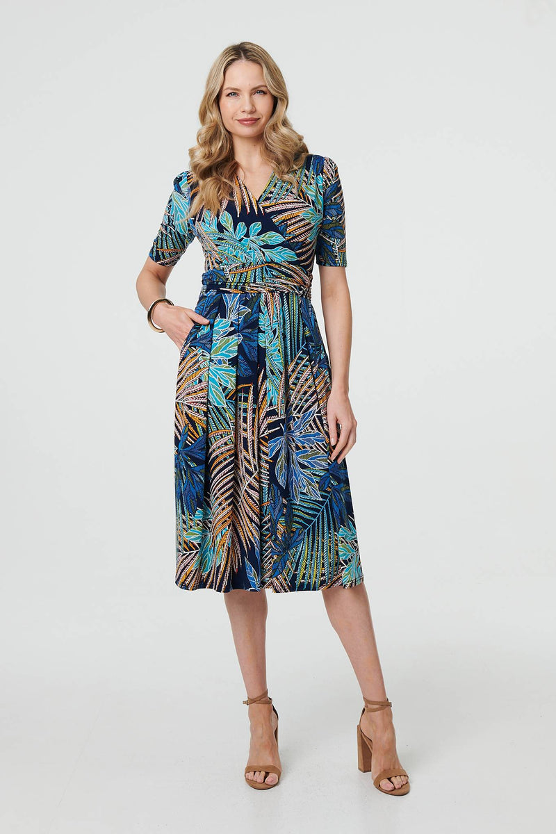 Leaf Print Wrap Front Pleat Midi Dress