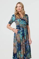 Leaf Print Wrap Front Pleat Midi Dress