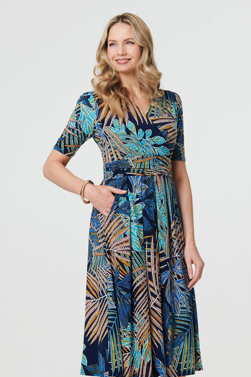 Leaf Print Wrap Front Pleat Midi Dress