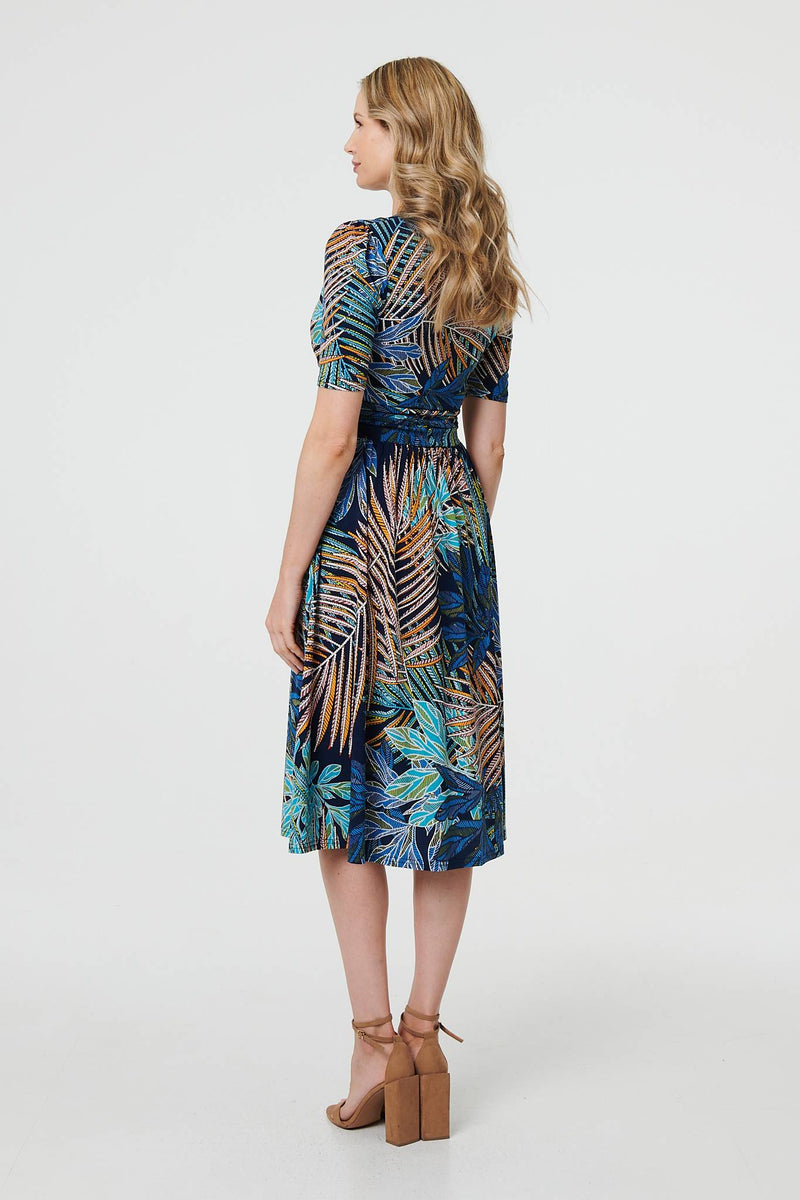 Leaf Print Wrap Front Pleat Midi Dress