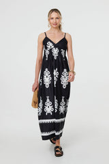 Ikat Print Sleeveless Shirred Maxi Dress