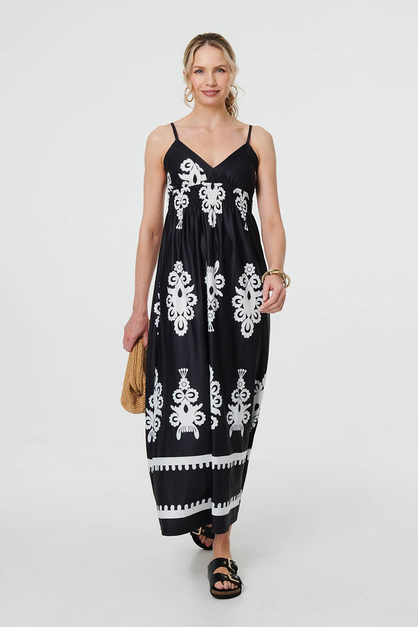 Ikat Print Sleeveless Shirred Maxi Dress