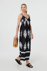 Ikat Print Sleeveless Shirred Maxi Dress
