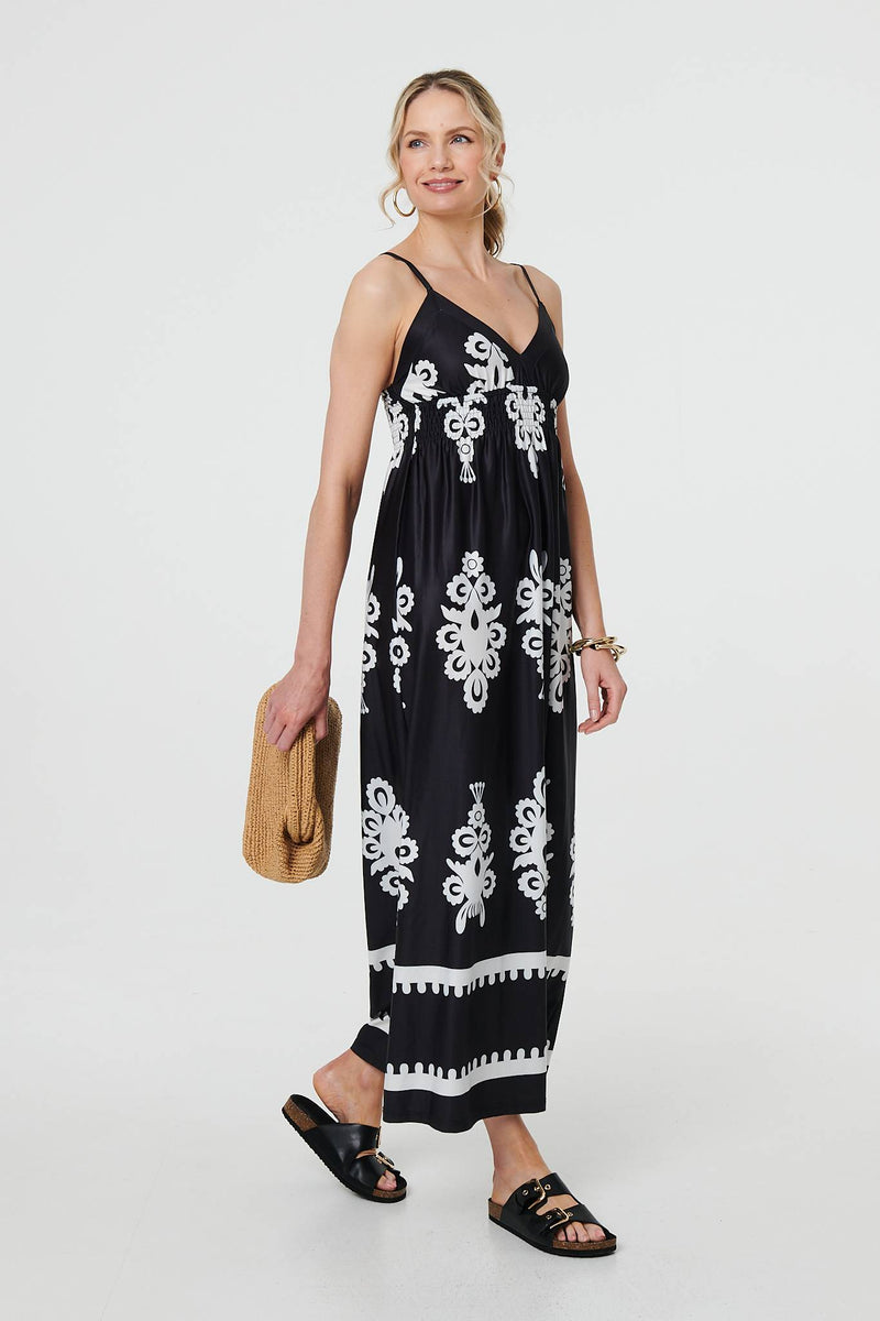 Ikat Print Sleeveless Shirred Maxi Dress