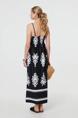 Ikat Print Sleeveless Shirred Maxi Dress