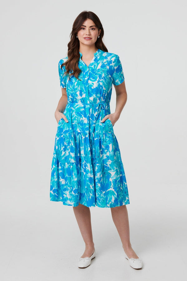 Printed Short Sleeve Tie Waist Midi Dress