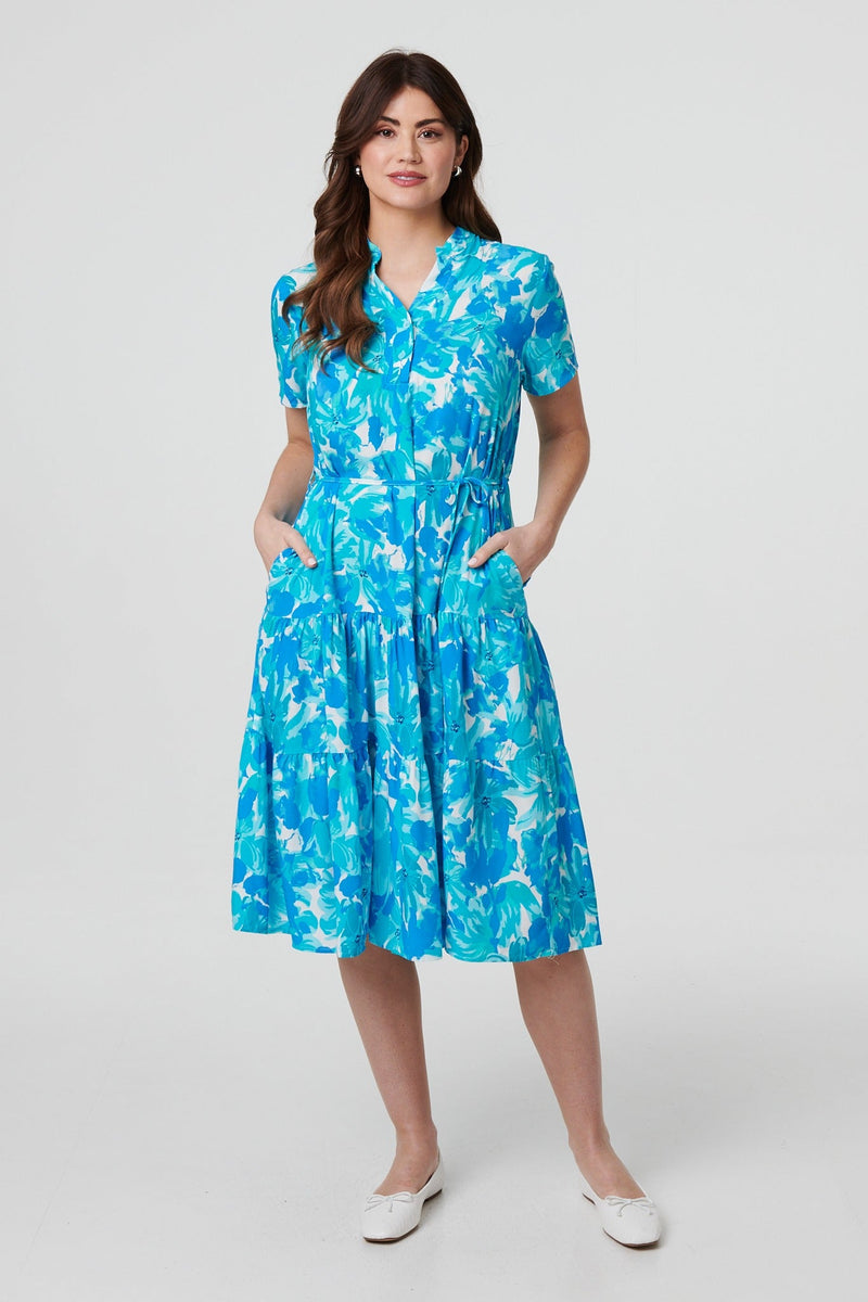 Printed Short Sleeve Tie Waist Midi Dress