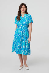 Printed Short Sleeve Tie Waist Midi Dress
