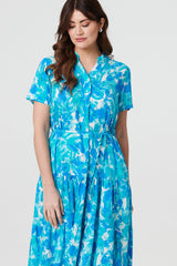 Printed Short Sleeve Tie Waist Midi Dress