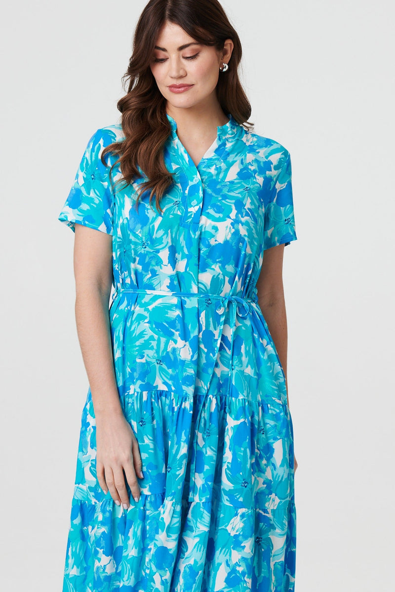 Printed Short Sleeve Tie Waist Midi Dress