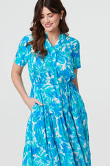 Printed Short Sleeve Tie Waist Midi Dress