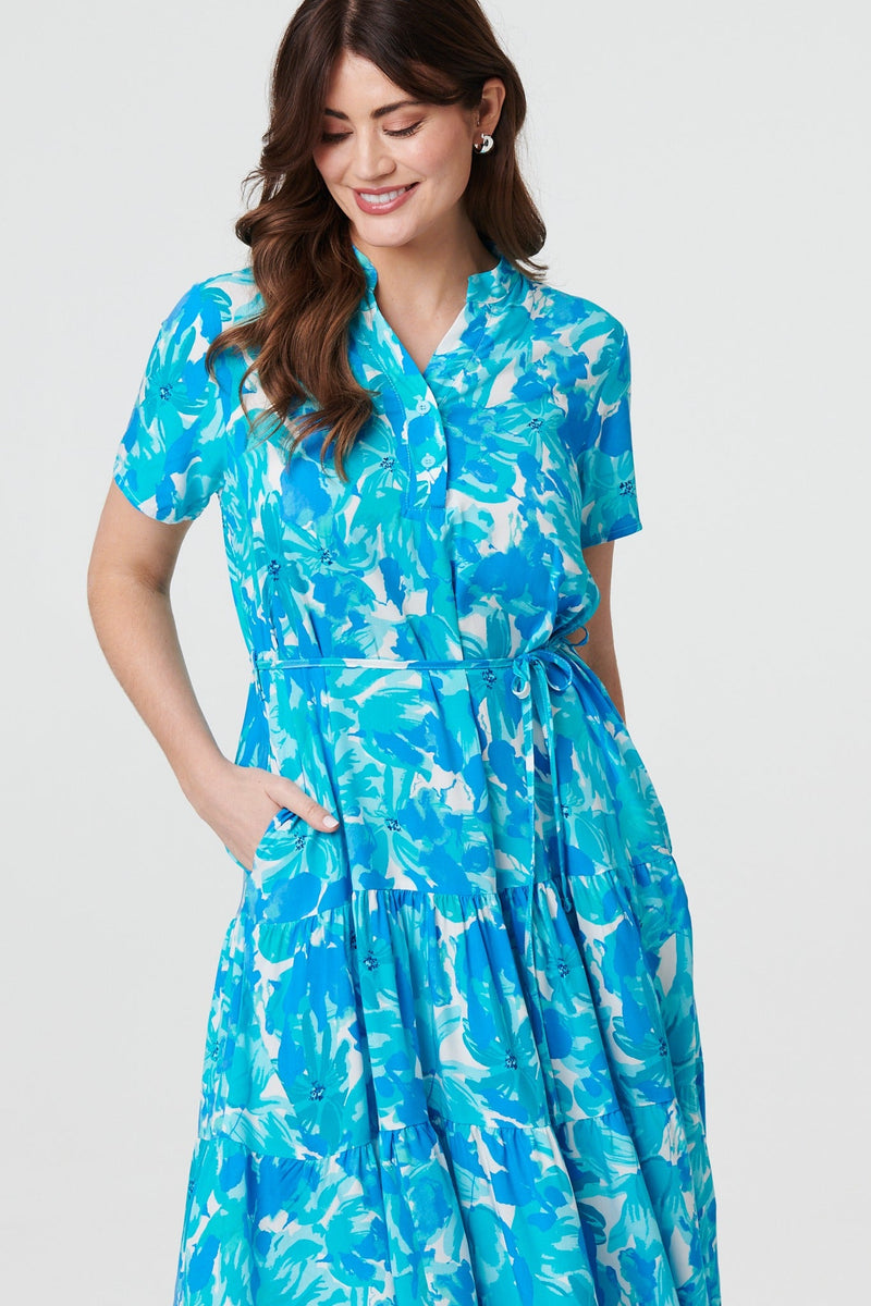 Printed Short Sleeve Tie Waist Midi Dress