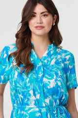 Printed Short Sleeve Tie Waist Midi Dress