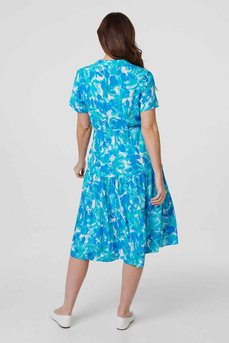 Printed Short Sleeve Tie Waist Midi Dress