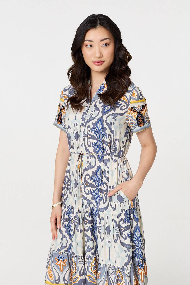 Patchwork Print Short Sleeve Midi Dress