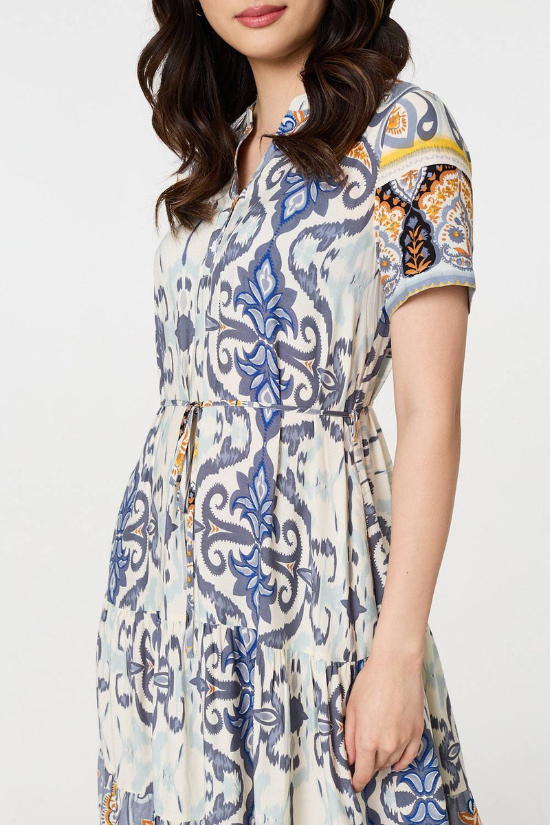 Patchwork Print Short Sleeve Midi Dress