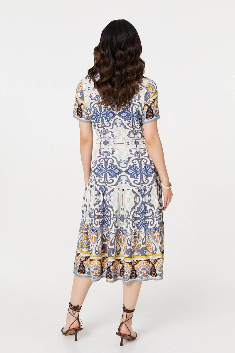 Patchwork Print Short Sleeve Midi Dress