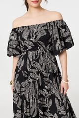 Leaf Print Puff 1/2 Sleeve Midi Dress