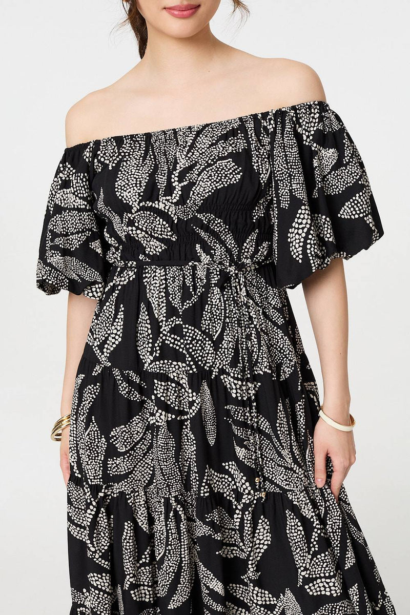 Leaf Print Puff 1/2 Sleeve Midi Dress