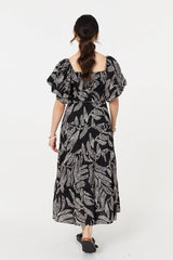 Leaf Print Puff 1/2 Sleeve Midi Dress