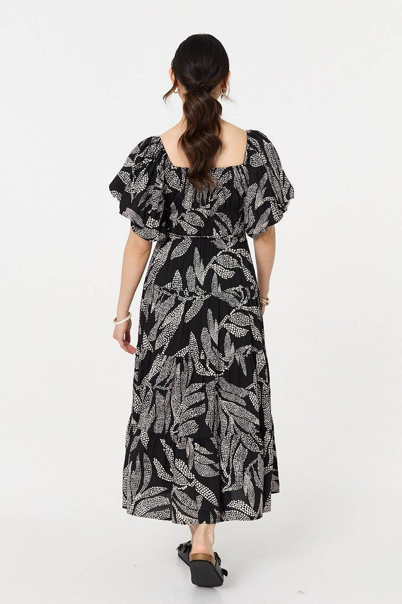 Leaf Print Puff 1/2 Sleeve Midi Dress