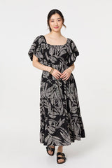 Leaf Print Puff 1/2 Sleeve Midi Dress