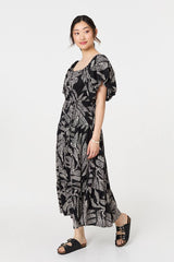 Leaf Print Puff 1/2 Sleeve Midi Dress