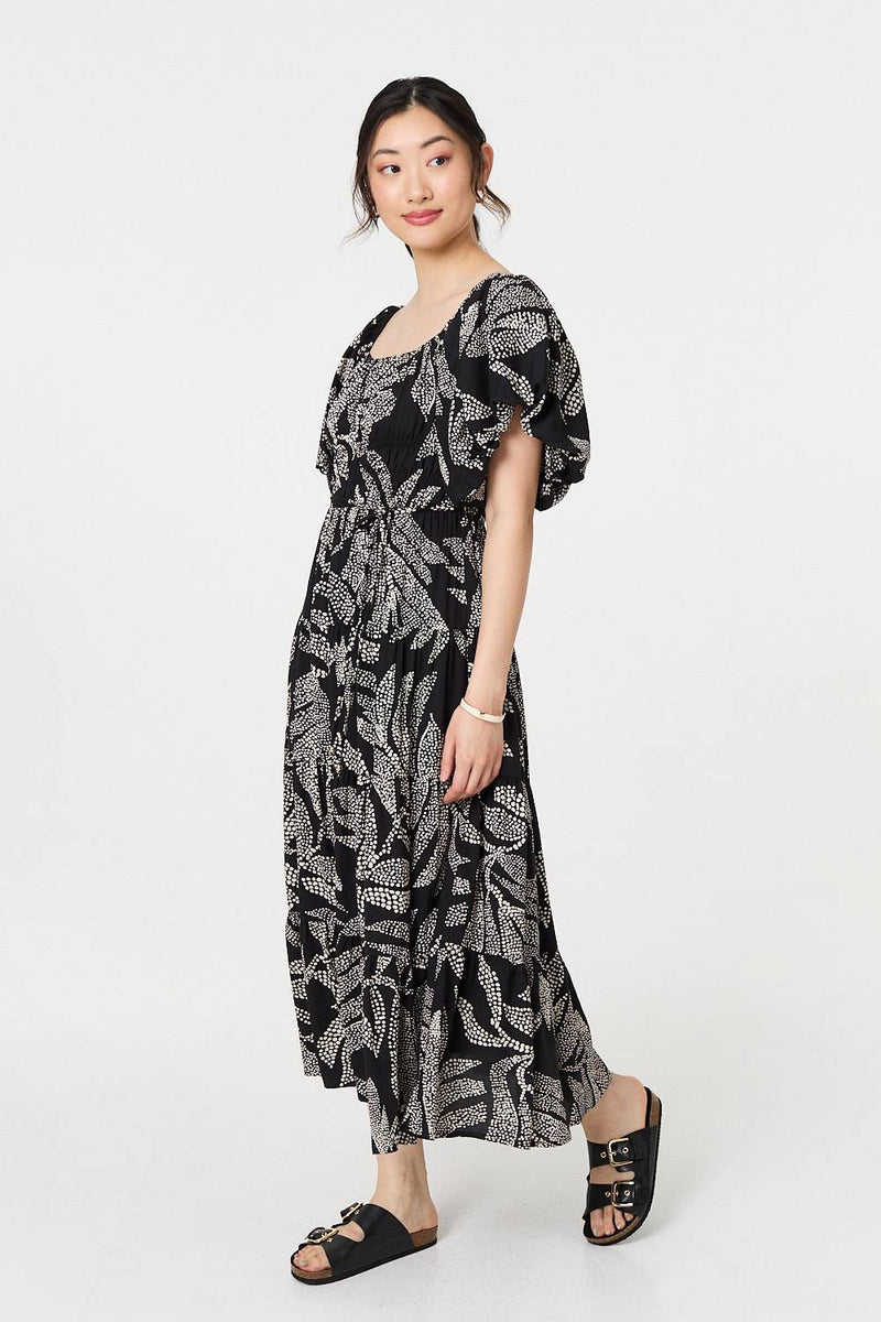 Leaf Print Puff 1/2 Sleeve Midi Dress
